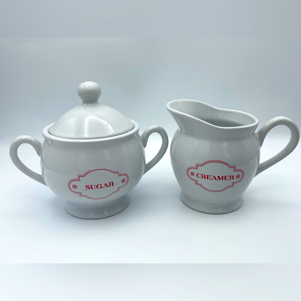 C R Gibson Farmhouse White Sugar and Creamer Set with Red Accents
